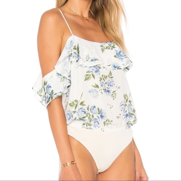 L’Academie Blue Floral Bodysuit Off the Shoulder Revolve Size Small - Picture 3 of 11